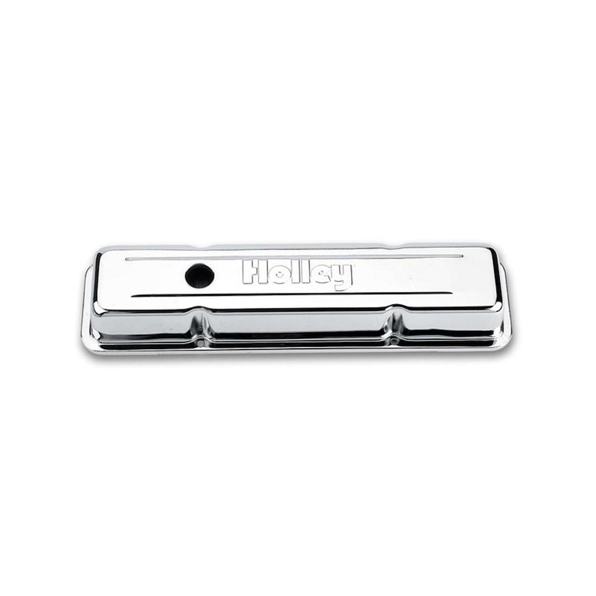 Embossed Valve Cover SBC Stamped Steel Chrome 1958-86 Chevrolet Small Block 283-400 Cubic Inch Logo Embossed in Each Cover 1 Breather/oil Fill Cap Opening Per Cover Holley