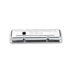 Embossed Valve Cover SBC Stamped Steel Chrome 1958-86 Chevrolet Small Block 283-400 Cubic Inch Logo Embossed in Each Cover 1 Breather/oil Fill Cap Opening Per Cover Holley
