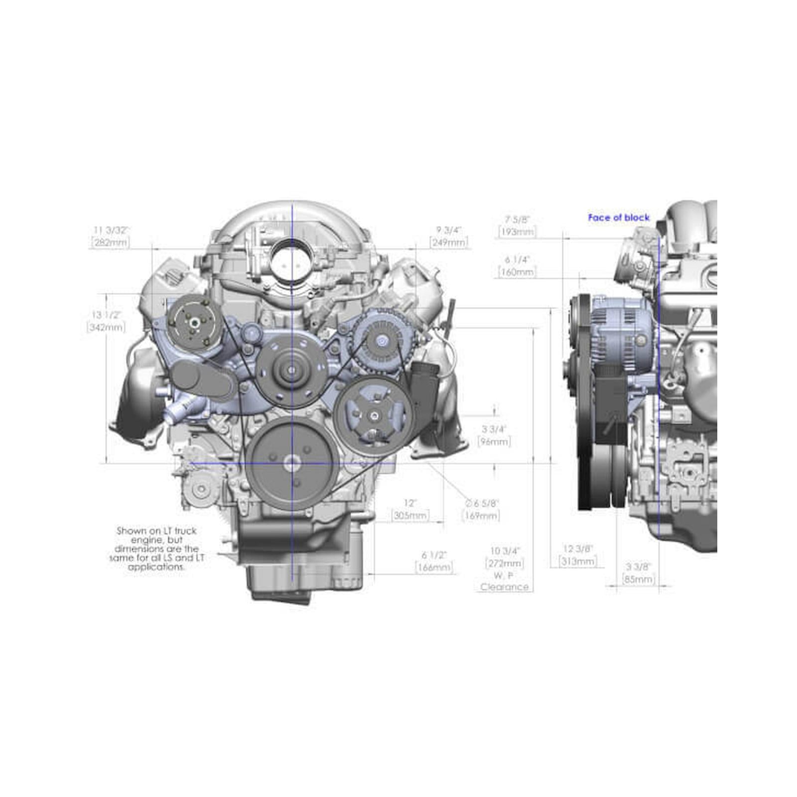 Mid-Mount Complete Accessory Drive System Gen V LT Engines Standard Damper Black Complete GM Gen V LT Accessory Drive System W/ Alt, P/S, A/C, Water Pump, Belts, and Crankshaft Damper Holley