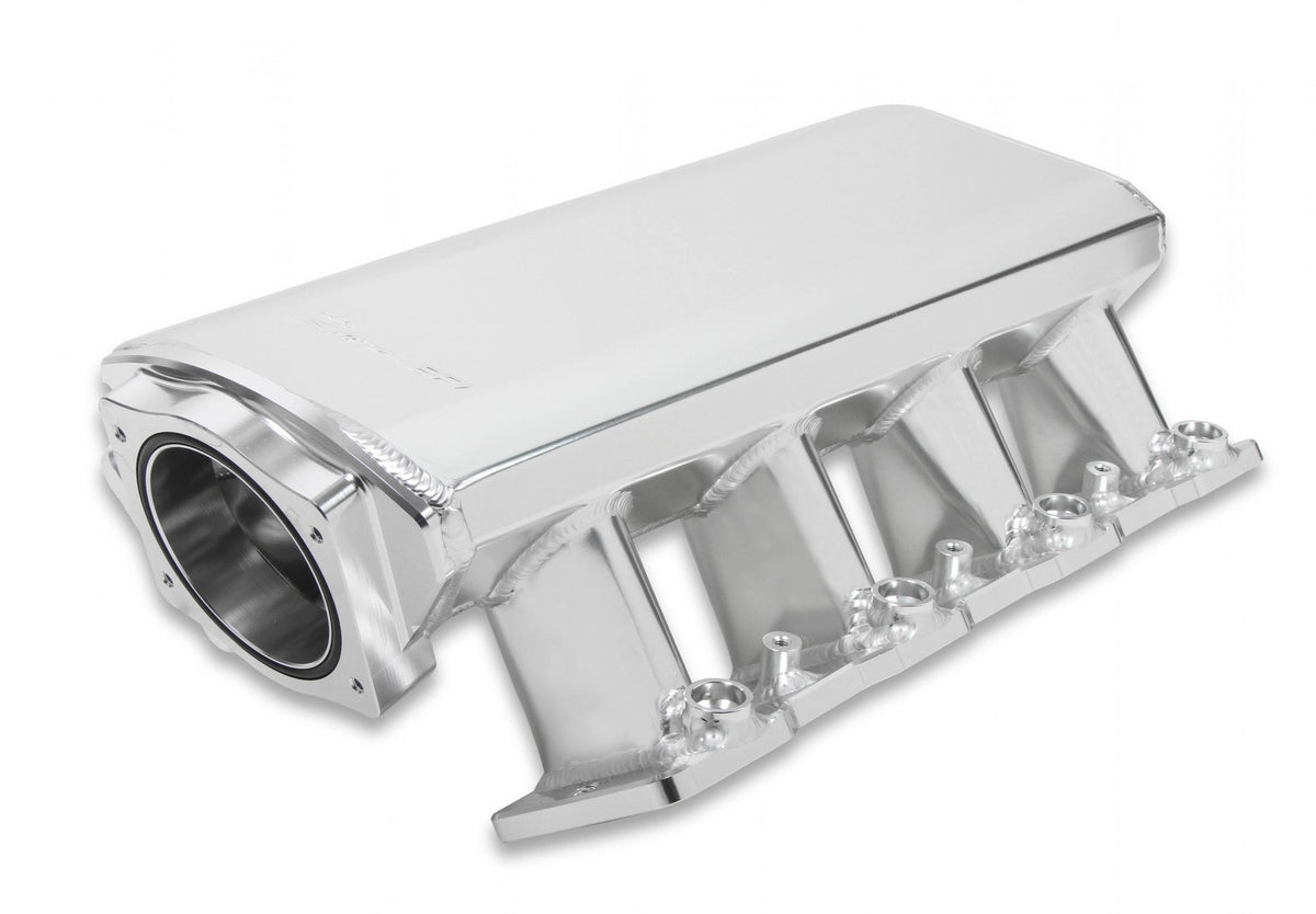 Low-Profile Sheet Metal Fabricated Intake Manifold GM Ls1/Ls2/Ls6 Hi-Ram 92Mm Throttle Body Opening + Fuel Rail Kit Silver With Logo Low Profile Mounting Provision For Map Sensor On Rear Of Intake Plenum Use GM #12592525 Sniper EFI