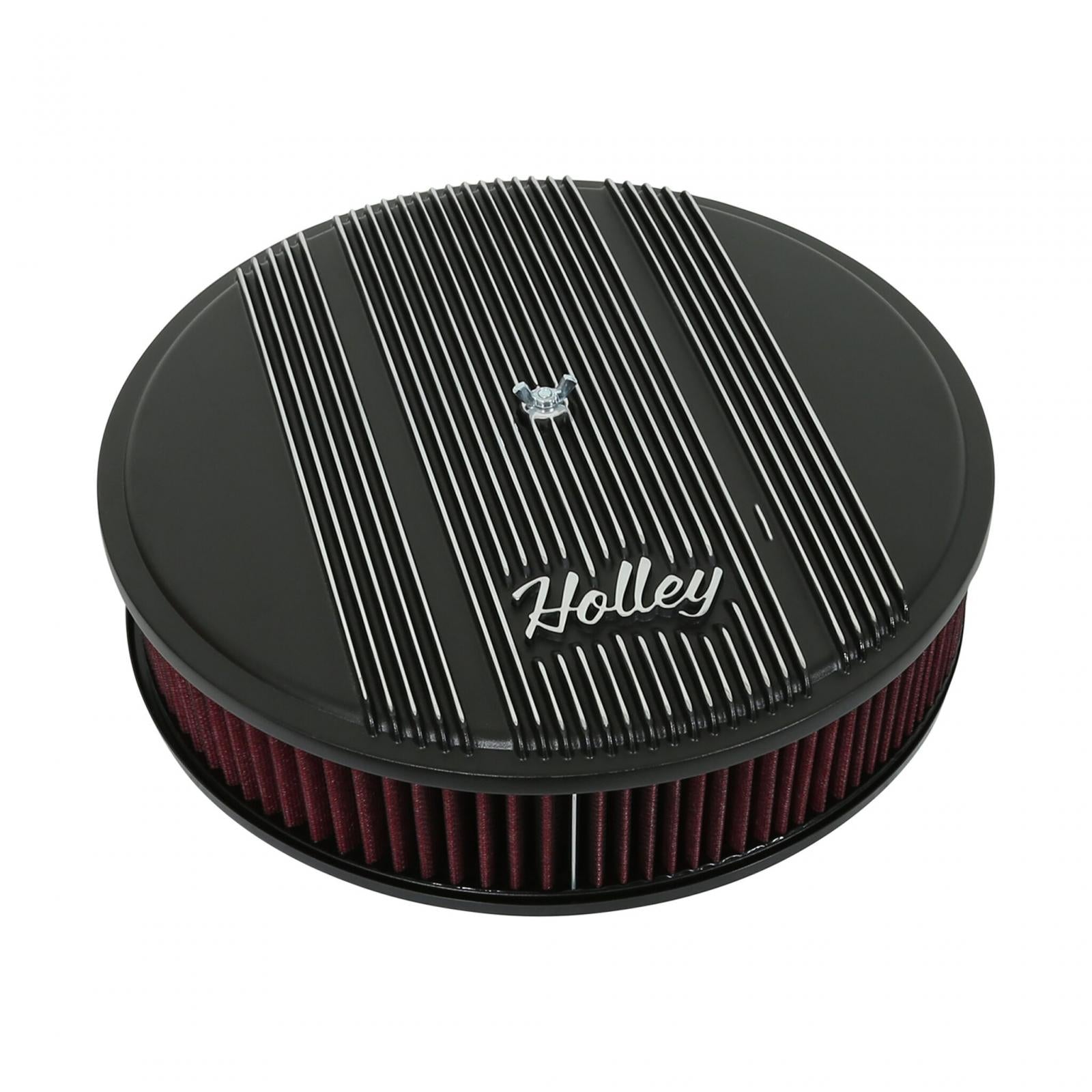Finned Vintage Style Air Cleaner 14 Diameter X 3 Tall Round 4150 & 4160 Carburetors w/5.125 Diameter Neck Black Finned Air Cleaner Assembly Premium Element Die-Cast Aluminum Holley